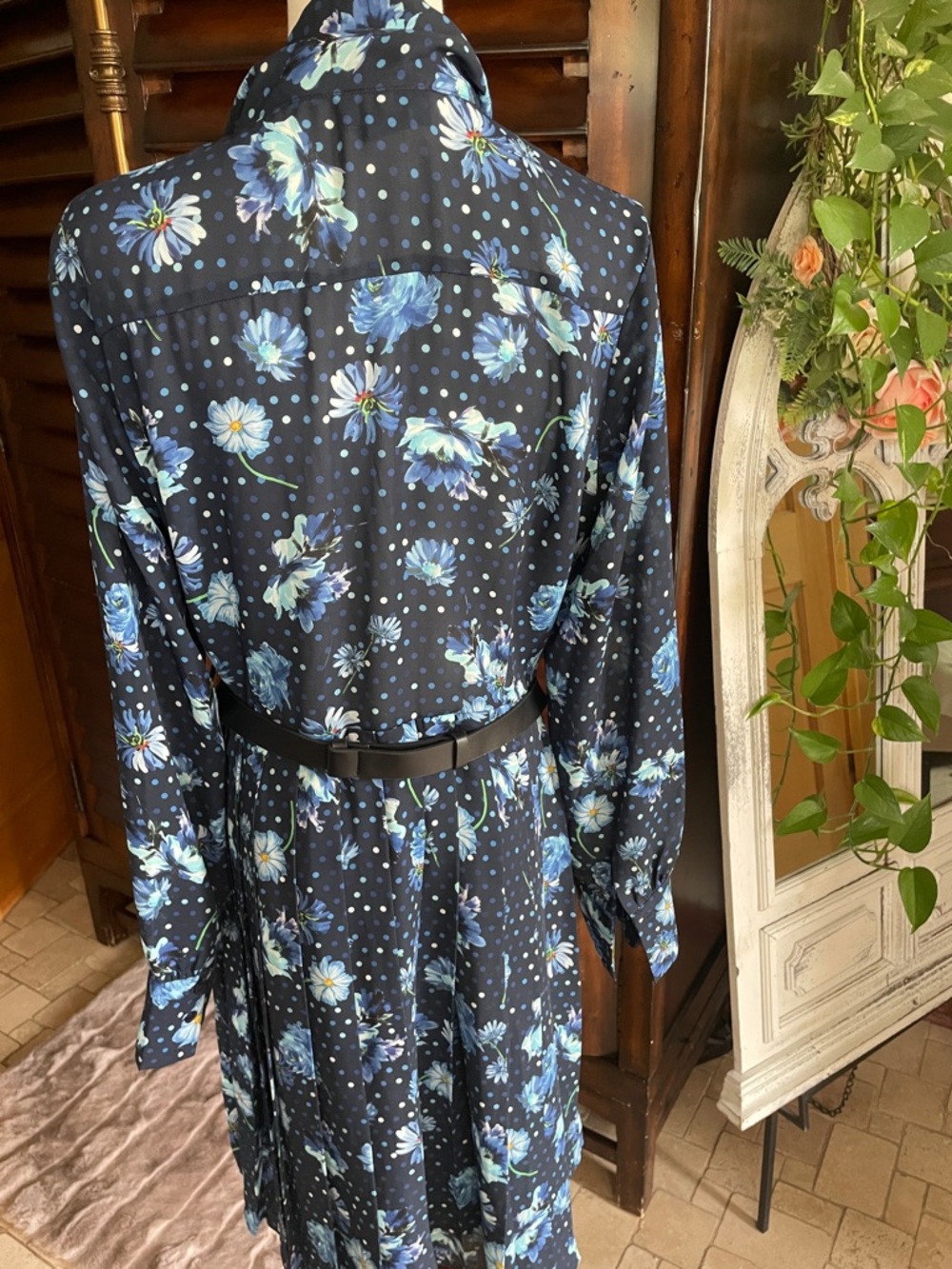 Gracia Navy Floral Tie-Neck Long Sleeve Dress Belt Spring Tea Party Large - Picture 13 of 14
